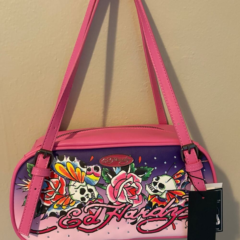 NWT Ed Hardy Pink Tattoo Print Satchel Bag - Skulls & Hearts Y2K